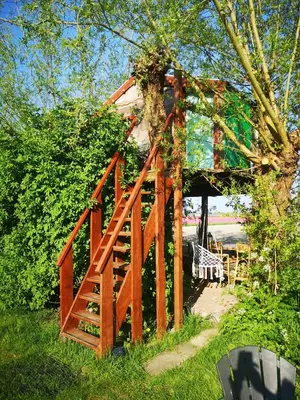 a wooden bridge leading to a tree house at Sweet Treehouse in Westbeemster