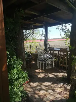 a porch with a hammock and chairs under a canopy at Sweet Treehouse in Westbeemster