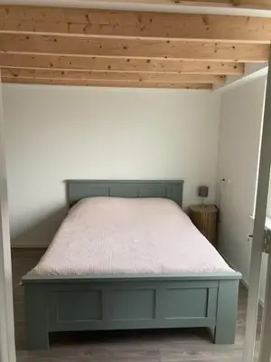 a bedroom with a bed with a wooden ceiling at Landzicht in Ter Aar