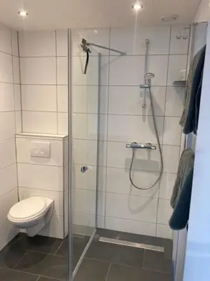 a bathroom with a glass shower with a toilet at Landzicht in Ter Aar