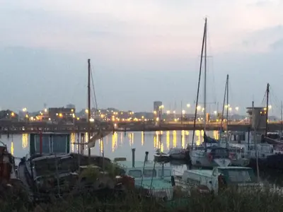 a group of boats docked in a marina at night at B&B BLoom in Amsterdam