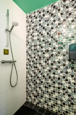 a bathroom with a shower with a tiled wall at Reijgershof - The Barok lounge in Amsterdam