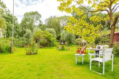 a yard with white chairs and a swing at Reijgershof - Yurt Experience with garden view in Amsterdam
