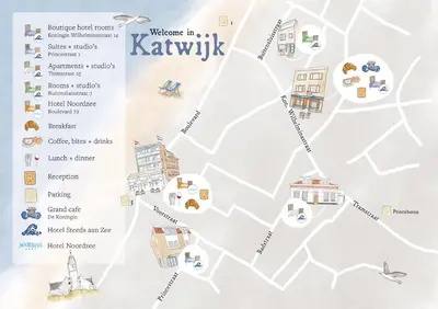 a map of krakatown with buildings and attractions at Hotel Steeds aan Zee in Katwijk