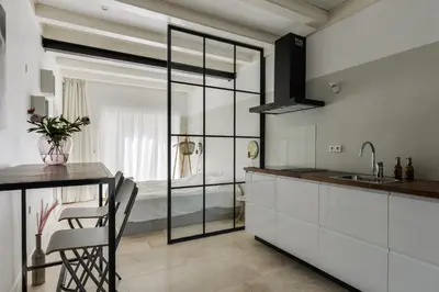 a kitchen with a counter and a sink and a bed at Villa Loft Apartment with Light Garden in Zandvoort