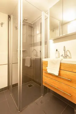 a bathroom with a glass shower and a sink at Voldersgracht Canal Home Haarlem in Haarlem