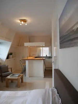 a room with a bed and a kitchen with a table at Casa Del Cisne in Zandvoort