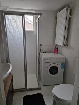 a small bathroom with a washing machine and a toilet at Ferienhaus Sunny's Place in Egmond aan den Hoef