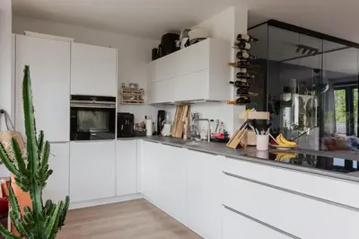 a white kitchen with white cabinets and a cactus at Villa Lollipop, Amsterdam North in Amsterdam