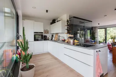 a kitchen with white cabinets and a cactus at Villa Lollipop, Amsterdam North in Amsterdam
