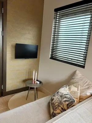 a room with a couch and a table with a television at Moyeni in Zandvoort