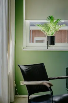 a green room with a chair and a plant in a window at Apartment Oostergeest 2 by Interhome in Uitgeest
