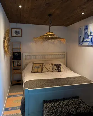 a bedroom with a large bed with a chandelier at B&B Molenweg in Laren