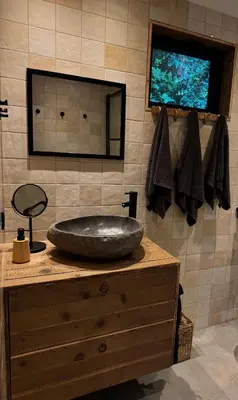 a bathroom with a large stone sink on a dresser at B&B Molenweg in Laren