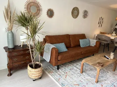 a living room with a brown couch and two potted plants at Zeemeeuw aan Zee in Egmond aan Zee