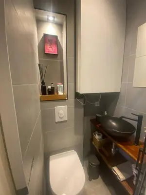 a bathroom with a white toilet and a sink at Cozy Room in Oldwest with private bathroom in Amsterdam