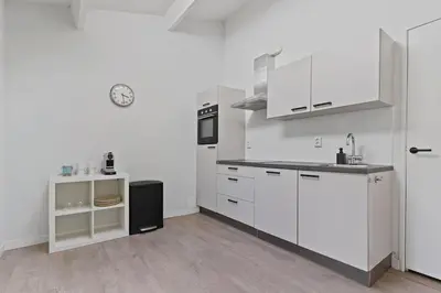 a white kitchen with white cabinets and a sink at Boerderijwoning 't Boetje in Heiloo