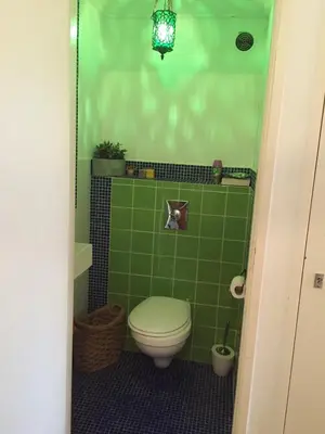 a green tiled bathroom with a toilet and a light at Welcoming Apartment with Character & Great Views in Amsterdam
