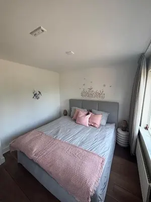 a bedroom with a bed with two pink pillows at The perfect spot in Akersloot