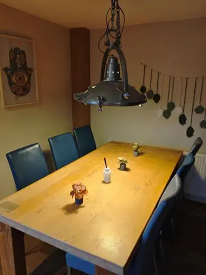 a dining room table with chairs and a light fixture at The perfect spot in Akersloot