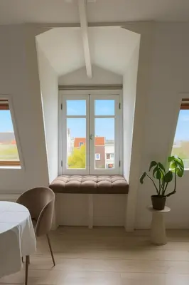 a window seat in a room with a plant at Manor Suite Amsterdam in Amsterdam