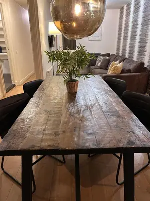a wooden table in a living room with a potted plant at Luxury Leidseplein with Private Patio in Amsterdam