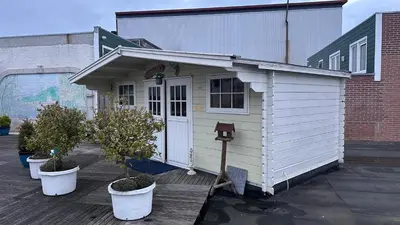 a small white shed sitting on a wooden deck at Zaanvilla in Wormerveer