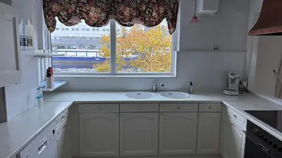 a kitchen with two sinks and a window at Zaanvilla in Wormerveer