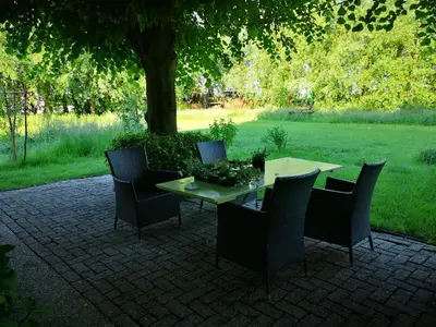 a table and chairs on a patio under a tree at South African lodge in Westbeemster