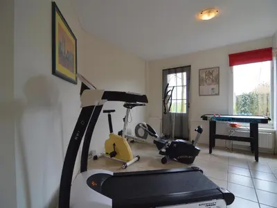 a room with a gym with a treadmill and a pool table at Holiday Home in Noordbeemster with Bubble Bath in Noordbeemster