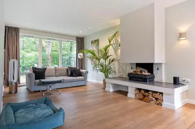 a living room with a couch and a fireplace at The Green Oasis charming family villa with garden and private parking in Zandvoort