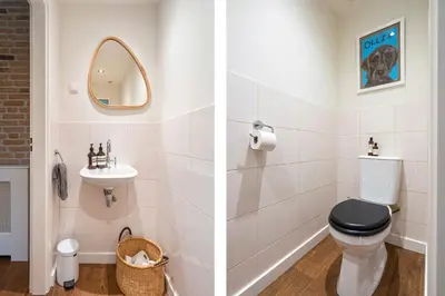 two images of a bathroom with a toilet and a sink at The Green Oasis charming family villa with garden and private parking in Zandvoort