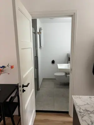 a bathroom with a white door and a sink at Studio Fnidsen in Alkmaar