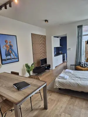 a living room with a bed and a table at Cozy apartment in Utrecht in Utrecht