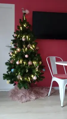 a christmas tree in a room next to a white chair at Delightful tropical retreat close to the sea in Warmenhuizen