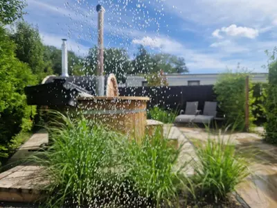 a fountain in the middle of a garden at TETchalet met wellness tuin in Berkhout
