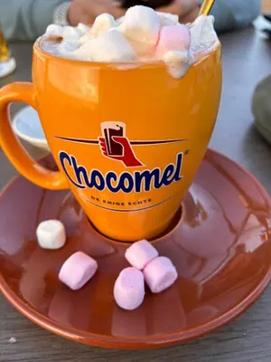 an orange cup of cocoa with marshmallows on a plate at De Wielen 23 in Sint Maarten