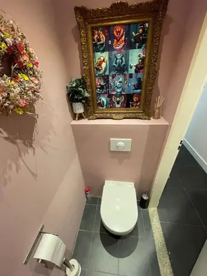 a bathroom with a toilet and a painting on the wall at Prachtige, lichte condo met balkon in Bergen