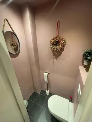 a small bathroom with a toilet and a mirror at Prachtige, lichte condo met balkon in Bergen