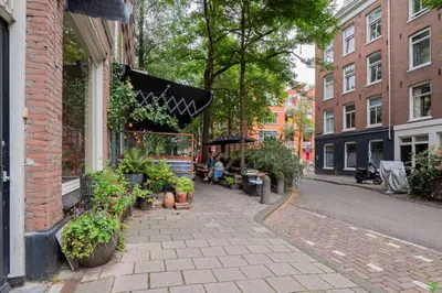 a street with plants and a black awning on a building at Charming Apartment in City Centre in Amsterdam