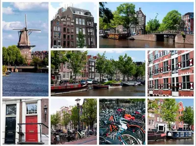 a collage of pictures of a city with buildings and bikes at Canal view house - 17th century town house in Amsterdam