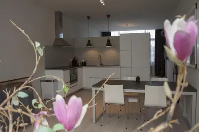 a kitchen with white cabinets and a table and chairs at Savina oase nabij centrum, zee en station in Zandvoort