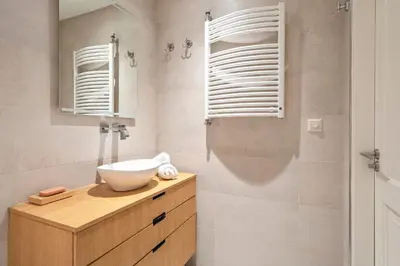 a bathroom with a sink and a mirror at Sandhues Beachfront Apartment in Zandvoort