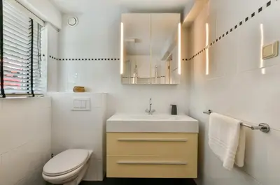 a bathroom with a toilet and a sink and a mirror at Palm Beach apartments in Zandvoort