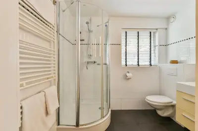 a bathroom with a shower and a toilet at Palm Beach apartments in Zandvoort