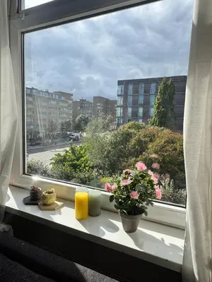 a window with flowers and candles on a window sill at Cozy & Sunny apartment in Amsterdam west in Amsterdam