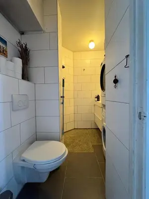 a bathroom with a white toilet and a sink at Cozy & Sunny apartment in Amsterdam west in Amsterdam