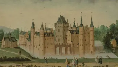 a painting of a castle with people in front of it at De Strandgaper Egmond in Egmond aan den Hoef