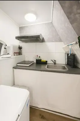 a white kitchen with a sink and a counter at Tiny House Bliss in Amsterdam