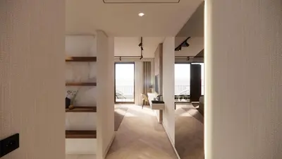 a living room with a view of a bedroom at Spaarnwoude Park Hotel in Velsen-Zuid
